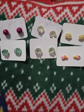 Assorted Kids Stud Earring Set - Pink, Yellow, Green, Cream